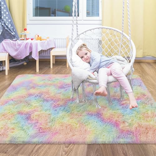 Small Fluffy Rainbow Colorful Area Rug for Girls Bedroom 3x5 Kawaii Tie Dye Rug Fuzzy Unicorn Throw Rug for Living Room Kids Nursery Baby Princess Room Living Room Home Decor Aesthetic Carpets (Tie-dyed Rainbow / 3' x 5' (Rectangular))