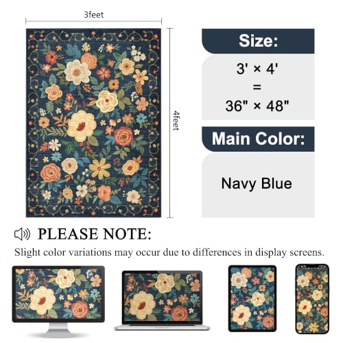 3x4 Area Rug Floral Washable Rug for Kitchen Non Slip (Navy Blue / 3' x 4' (Rectangular))