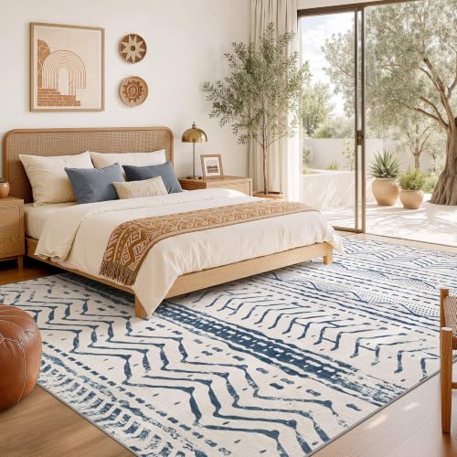 Boho 5x7 Area Rug Living Room Rugs Machine Washable Navy Blue (Dark Blue / 5' X 7' (Rectangular))