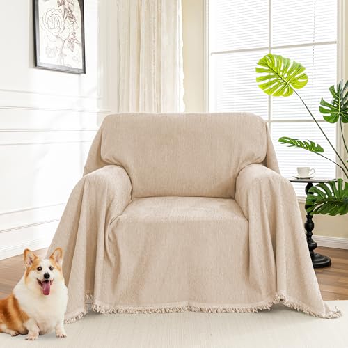 Oversized Armchair Couch Cover for 1 Cushion Couch (71" x 91" / Tassels Edge-khaki)
