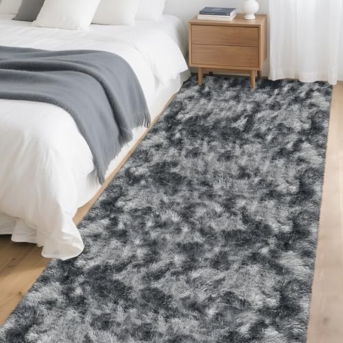 Tie Dyed Dark Grey 3x10 Machine Washable Runner Rugs for Hallway Soft Fluffy Shaggy Bedside Rugs for Bedroom Living Room Indoor Floor Carpet for Kids Girls and Boys Nursery Rooms Home Decor Aesthetic (Tie-dyed Dark Grey / 3' x 10' (Runner))