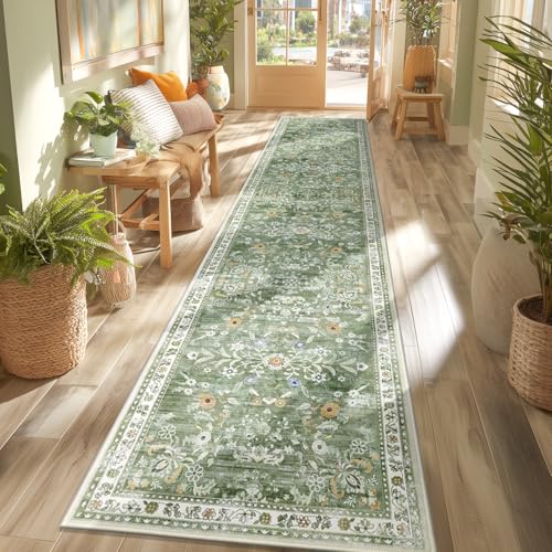 2x10 Washable Hallway Runner Rug Non Slip Floral Carpet (Green / 2' x 10')