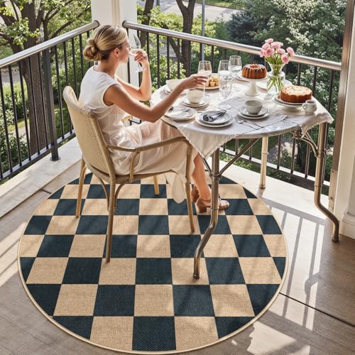 Checkered Easy Jute 4ft Round Outdoor Rug (4' Round / Black/Checkerboard -1)