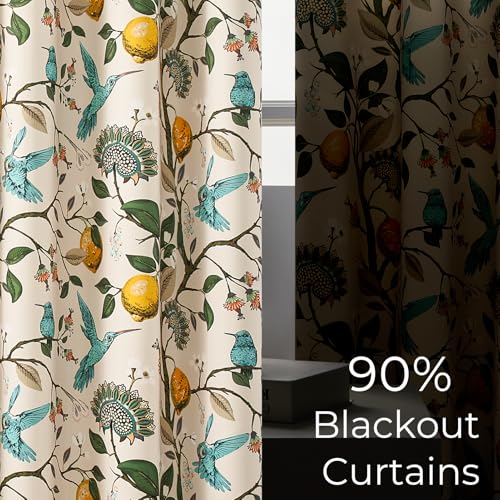 54 Inches Long Blackout Curtains for Cafe Kitchen Beige Vintage Grommet Room Darkening Luxury Floral Lemon Hummingbird Patterned Waverly Colorful Drapes for Living Room Bedroom (Beige / 52"W x 54"L (Pack of 2))