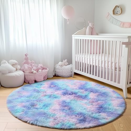 Rainbow Fluffy Round Rug Circle Area Rugs 4ft for Girls Kids Teen Bedroom (Rainbow / 4' (Round))