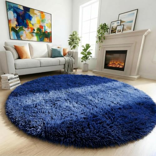 Navy Blue Round Circle Area Rug 5Ft for Boys Bedroom Living Room (Navy Blue / 5' (Round))