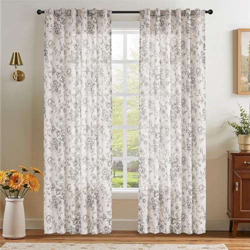Vintage Floral Linen Curtains 84 Long for Living Room 2 Panels (Black on Beige / 50"W x 84"L (Pack of 2))