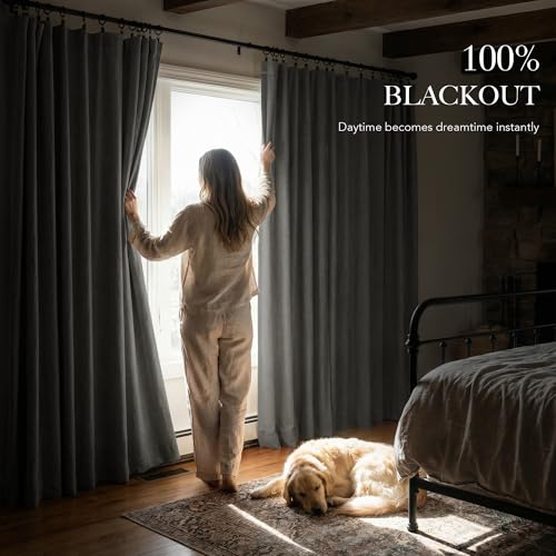 Grey 100% Blackout Linen Textured Curtains 102 Inch Long (Grey / 52"W x 102"L (Pack of 2))