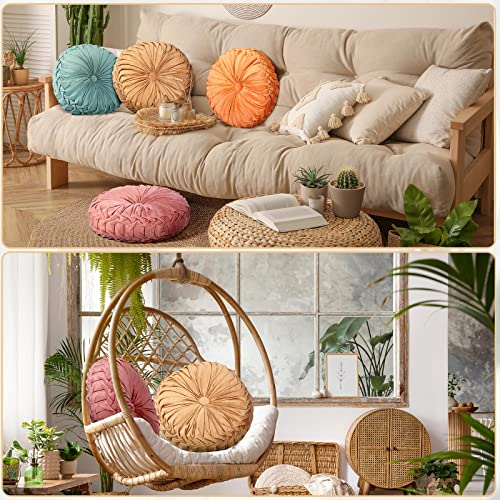 4 Pcs Round Throw Pillows Velvet Pleated Pillows (Orange, Yellow, Pink, Green)