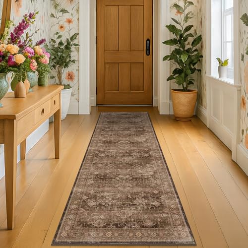Brown Boho Washable 2x6 Runner Rugs for Hallway Kitchen Bedroom Beside Laundry Room Bathroom Rug (2' x 6' (Runner) / Brown)