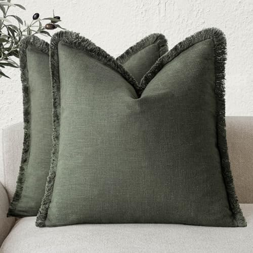 Decorative Linen Fringe Throw Pillow Covers 24×24 Dark Green (24" x 24" (Pack of 2) / Rifle Green)
