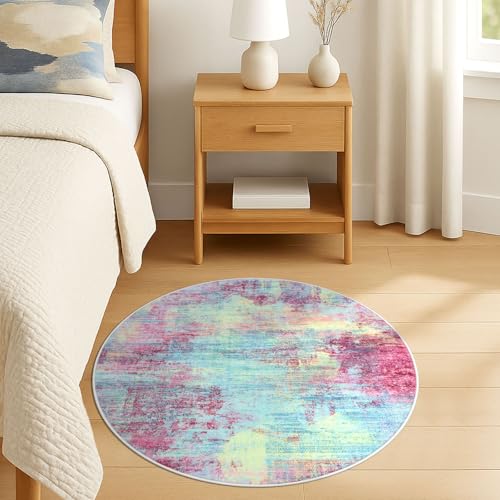 Round Area Rug 3 Ft Circle Entryway Rugs Round Washable Door Mat Indoor Entrance (Multi Pink / 3' x 3' (Rectangular))