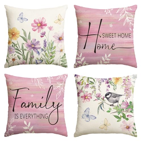 Spring Saying Flowers Butterfly Pink Throw Pillow Covers (Pink / 18" x 18" (Pack of 4))