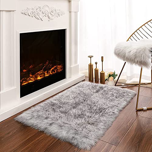 White with Grey Tips Small Bedroom Washable Soft Shaggy 2x3 Rug Fuzzy Rug Faux Sheepskin Fur Rug for Cushion Cat Mat Home Decor Rectangle (2' x 3' (Rectangular) / White With Grey Tips)