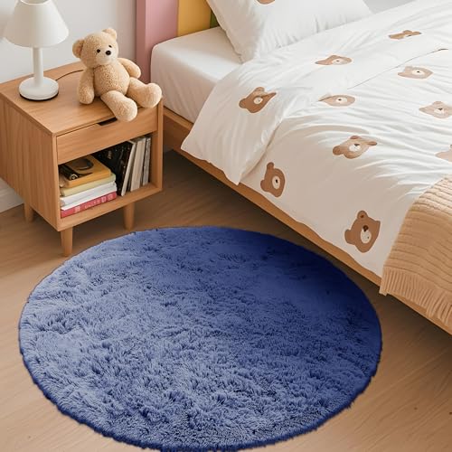 Denim Blue Round Rugs for Bedroom (3 Ft Round / Denim Blue)