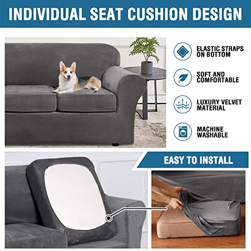 Real Velvet Plush 3 Piece Stretch Sofa Covers Couch Covers for 2 Cushion Couch Loveseat Covers Width Up to 72 Inch Feature Thick Soft Stay in Place (2 Cushion Loveseat / Grey)
