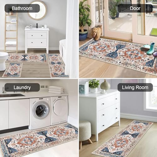 HEBE Boho Kitchen Rugs Set of 3 (Rust / 20"x32"+20"x48"+20"x59")