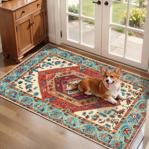 2x4 Washable Non Slip Boho Runner Rug for Entryway (Orange/Multi / 2' x 4' (Rectangular))