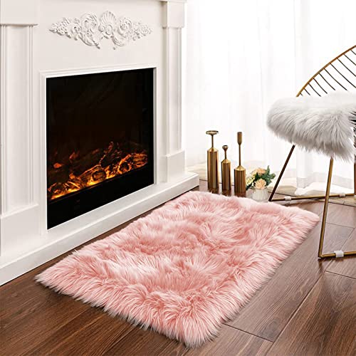 Pink 2x3 Faux Fur Rug for Bedroom Decor for Teen Girls Throw Fuzzy Fluffy Furry Sheepskin Rug for Sofa Cushion Luxury Home Décor Rectangle (2' x 3' (Rectangular) / Pink)