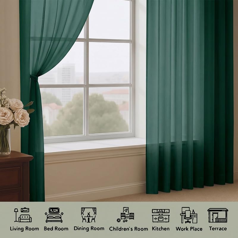 Hunter Green Sheer Curtains 63 Inch 2 Panels for Living Room (Hunter Green / 59"W x 63"L (Pack of 2))