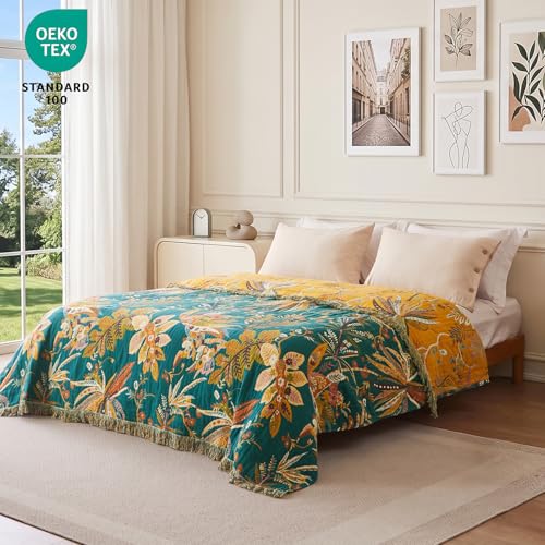 Boho Throw Blanket 60"x80" 100% Cotton Floral Muslin Blanket for Sofa (Leaves Flowers / 60"x80")