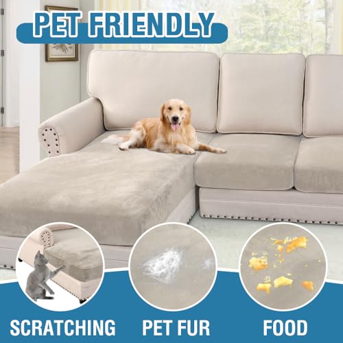 Velvet Stretch Sectional Couch Covers 4 Pieces Sofa Seat Cushion Covers L Shape Separate Couch Cover for Both Left (French Oak / 3 Seater + Chaise)