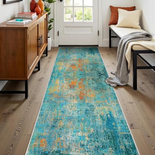 Washable Runner 2'x8' Abstract Area Rug for Hallway Teal Multi (Teal Blue/Green/Orange / 2' x 8' (Runner))