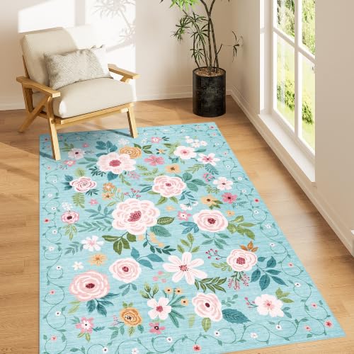 4x6 Area Rug Floral Washable Rug Non Slip Office Chair Mat (Teal / 4' x 6' (Rectangular))