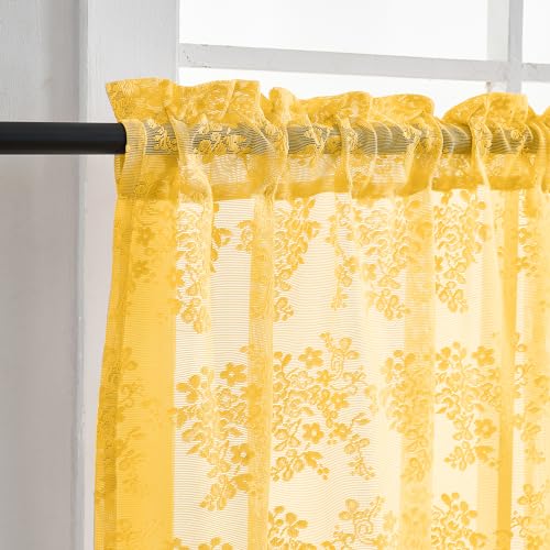 Vintage Lace Curtains Short (Mustard Yellow / 26"W x 30"L (Pack of 2))