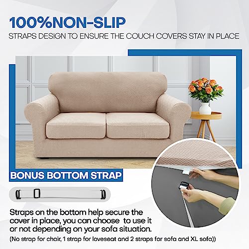 4 Piece Stretch Sofa Cover (71"-91"(3 Cushions) / Khaki)