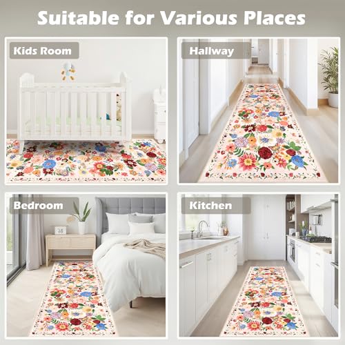 Washable Runner Rug 2x6 Beige Floral (Blush Beige / 2' x 6' (Rectangular))