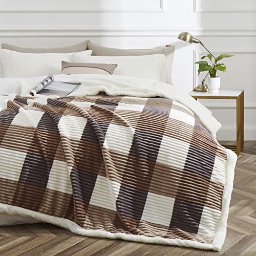 Sherpa Blanket Twin Plaid Thick Bed Blanket (Beige Check / 60"*80")