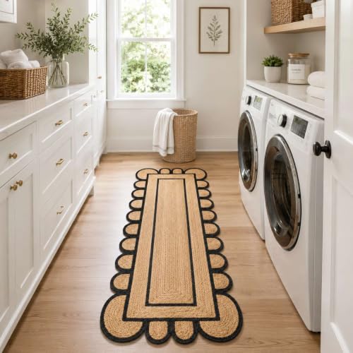 Jute Runner Rug 2.5x20 Ft with Scalloped Border (Black / 2'7" x 20' (Rectangular))