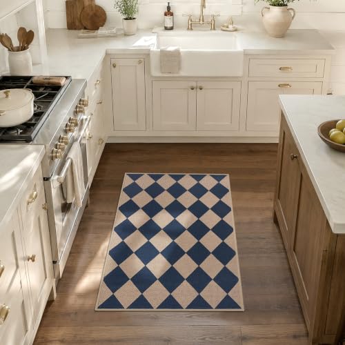 Easy Jute Kitchen Rug 2x3 Front Door Mat Washable Non Slip Entryway Rug Farmhouse Neutral Low Pil Carpet for Entryway Proch Doorway (2'*3'(Rectangular) / Blue/Checkered)