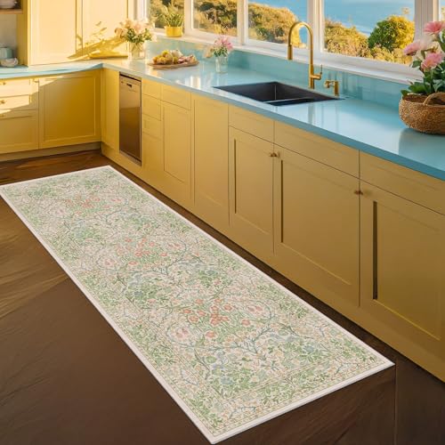 Non Slip Beige Green Bathroom Runner Rug (Garden Green / 2' x 6' (Runner))