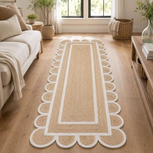 Jute Runner Rug 2x6 Ft with Scalloped Border (Off White / 2' x 6' (Rectangular))