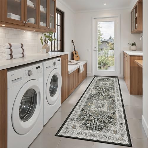 Washable Runner Rug 2x6 Runners for Hallways (Grey Green/Black Olive / 2' x 6' (Runner))