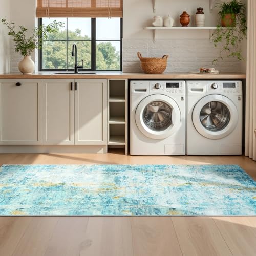 2x6 Teal Blue Rug Runners for Hallways Kitchen Runner Rug Non Slip Washable Long Runner Rugs with Rubber Backing Soft Abstract Carpet Runner for Bedroom (Teal Blue / 2' x 6' (Runner))