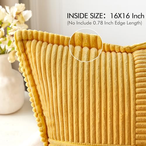 Golden Yellow Corduroy Pillow Covers 16x16 Inch with Splicing Set of 2 Soft Boho Striped Pillow Covers Broadside Decorative Textured Summer Pillowcases for Couch Cushion Bed Livingroom (Golden Yellow / 16" x 16" (Pack of 2))