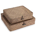 Set of 2 Flat Wicker Storage Basket Bins with Lid Woven Seagrass Box (Small+Large / Coffee)