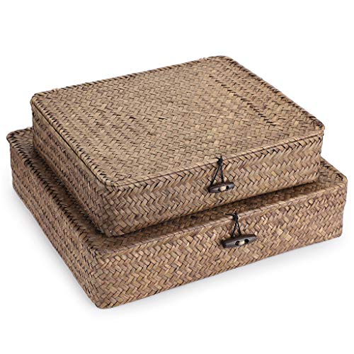 Set of 2 Flat Wicker Storage Basket Bins with Lid Woven Seagrass Box (Small+Large / Coffee)