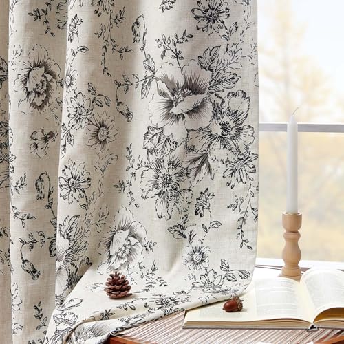 Floral Linen Blackout Curtains for Bedroom 120 Inches Long (Black / 50"W x 120"L (Pack of 2))