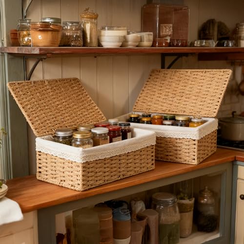 Rattan Divided Storage Basket with Lid (Divided Paper * Set of 3)