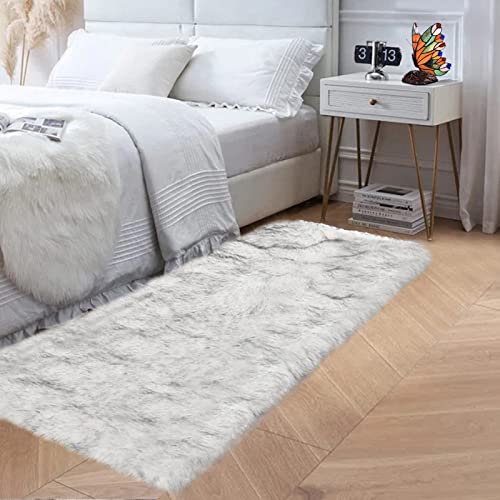 Fluffy Faux Fur Runner Rug 2x6 for Bedroom White with Grey Tips Faux Sheepskin Rug Bedside Dorm Washable Shaggy Plush Rectangle (2' x 6' (Rectangular) / White and Grey Tips)