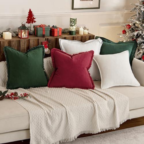 Boho Linen Fringe Decorative Throw Pillow Covers Army Green 20x20 (20" x 20" (Pack of 2) / Army Green)