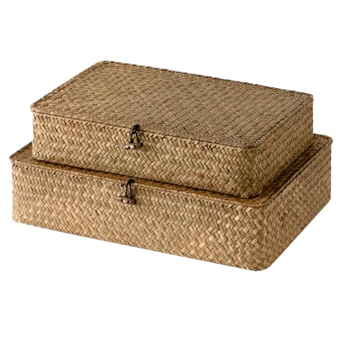 Wicker Basket with Lid (Brown(Seagrass) / 16½"L x 11¾"W x 4½"H + 14½"L x 10"W x 3¼"H)
