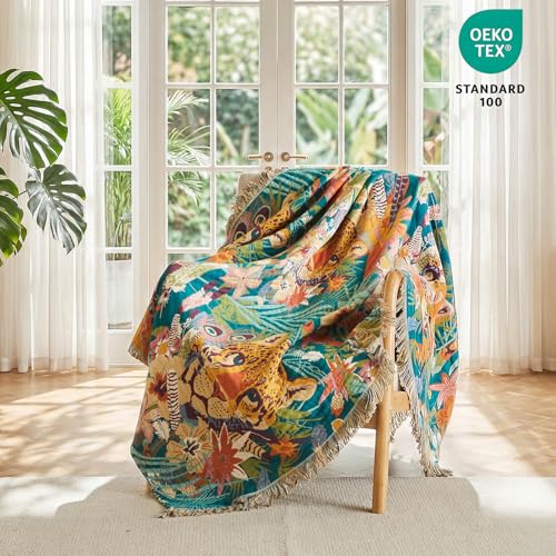 Boho Throw Blanket 50"x60" Fall Cotton Leopard Animals Blanket (Leopard Forest / 50"x60")