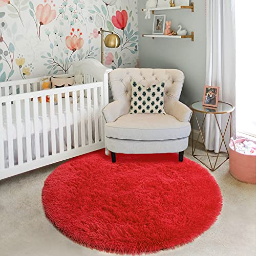 Red Furry Round Circle Area Rug 4Ft for Boys Bedroom Living Room (Red / 4' (Round))