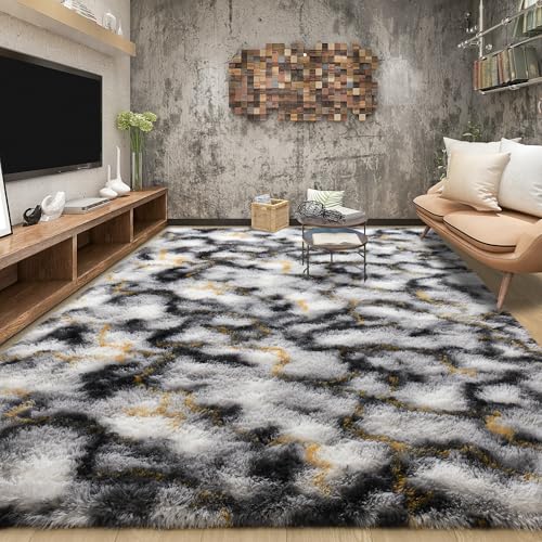 Soft Fluffy Rugs for Bedroom (White Black Gold / 4' X 6' (Rectangular))
