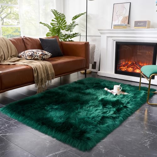 Ultra Soft Fluffy Shaggy Area Rug Faux Fur Rug Chair Cover Seat Pad Fuzzy Area Rug for Bedroom Floor Sofa Living Room (Darkgreen / 4' x 6' (Rectangular))